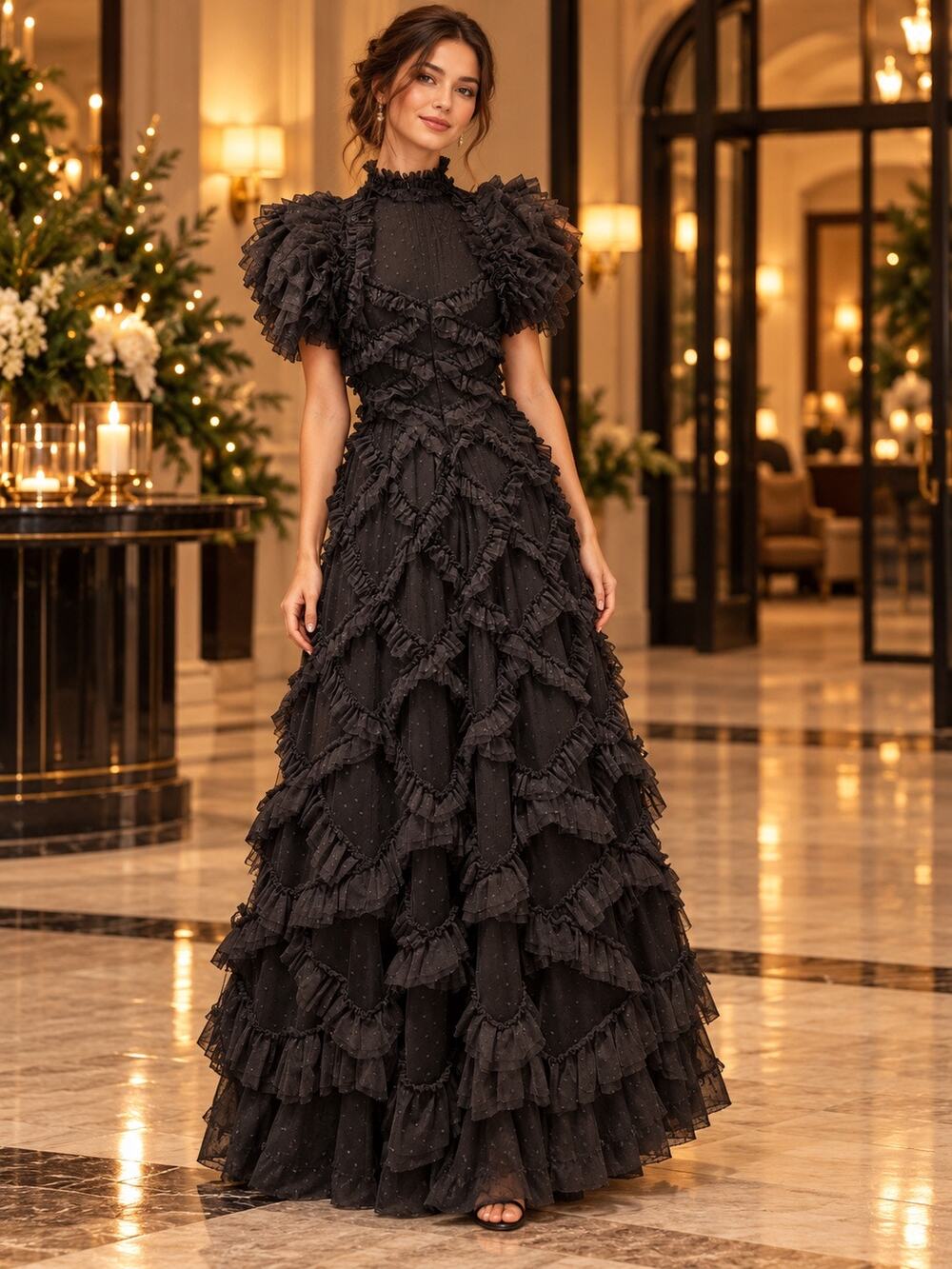 Needle & Thread Genevieve Black Ruffle Maxi Gown US 2